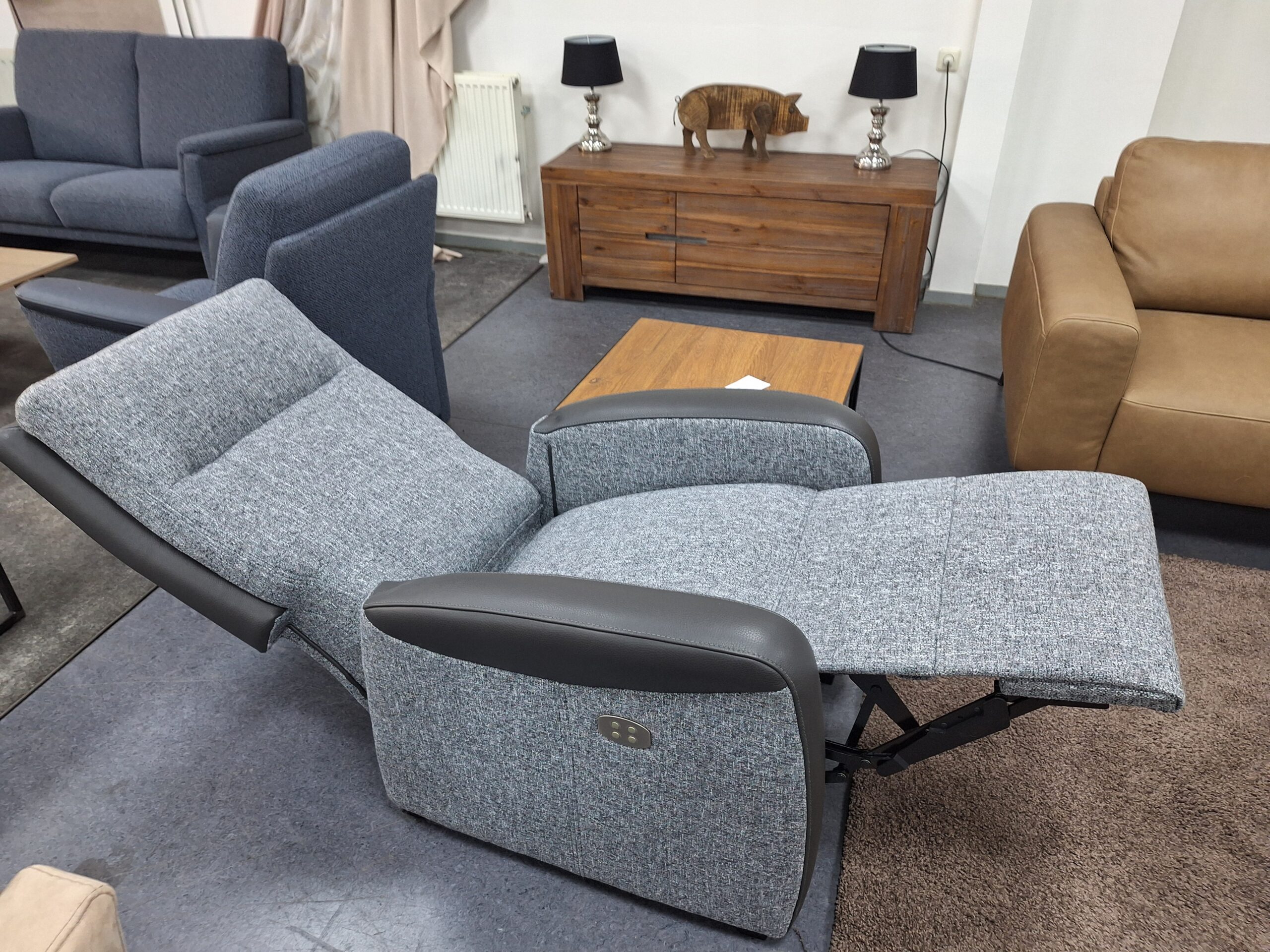 Relax fauteuil Movie grijs met lederen armen en achterband